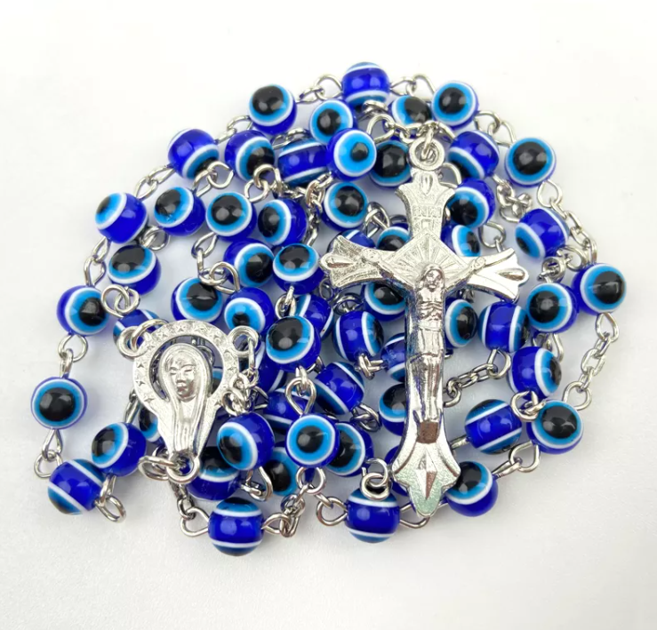 Handmade beaded blue evil eye rosary